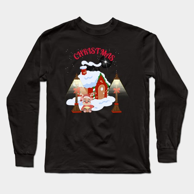 Christmas Deer Sitting under the light Long Sleeve T-Shirt by Mr.Dom store